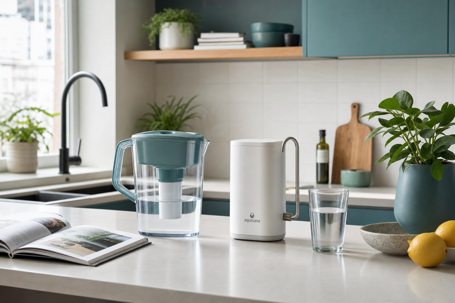 Water filter pitcher and countertop filtration unit on a kitchen counter