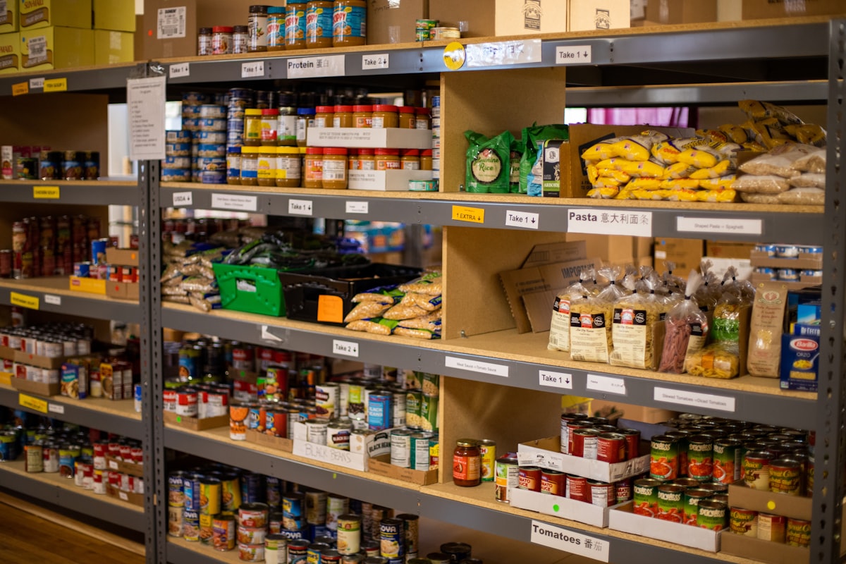 Pantry shelf stocked with rows of canned goods